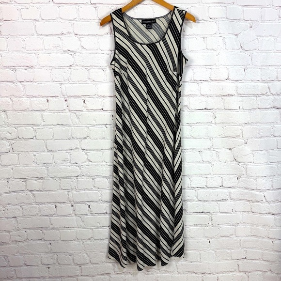Vintage linen Y2K Striped Black taupe Sleeveless Dress y2K 90’s maxi size vacay - Picture 1 of 7